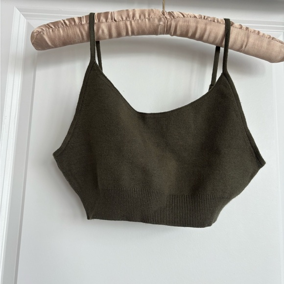 BNWOT. Ribbed-knit cropped cami in dark khaki green. - Picture 1 of 10
